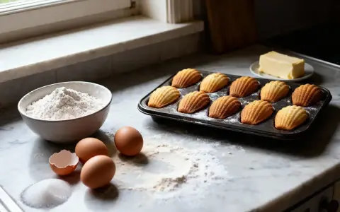 Plateau de biscuits madeleines dorées, prêts pour un entremet. Ingrédients à proximité : farine, œufs, sucre, beurre.