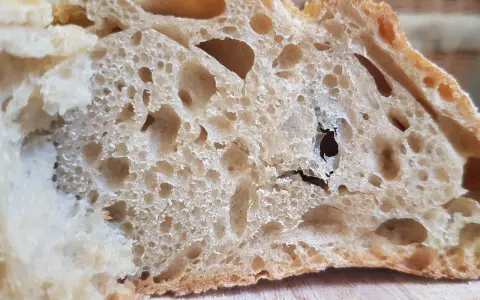 Gros trous dans le pain : astuces pour les éviter. La mie aérée et irrégulière d'une tranche de pain au levain.