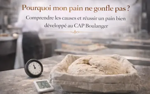 Pâte à pain dans un banneton, thermomètre et minuteur. Le texte interroge : pourquoi mon pain ne gonfle pas ?