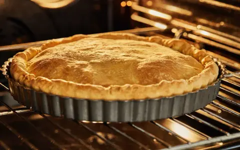 Tarte en cuisson à blanc dans son moule. La pâte brisée est dorée et gonflée, prête à être garnie.