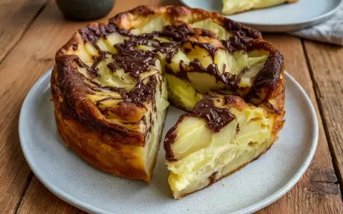 Un clafoutis aux pommes et chocolat, une recette clafoutis moelleux qui invite à la gourmandise. Une part est déjà servie.