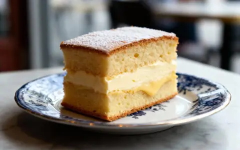 Tranche de gâteau moelleux, garnie d'une généreuse crème pâtissière et saupoudrée de sucre glace. Un délice !
