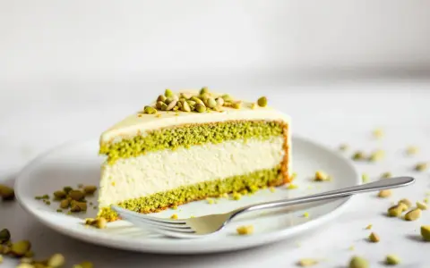 Tranche de gâteau végétalien à la pistache, garnie de pistaches concassées. Une délicieuse pâtisserie vegan.