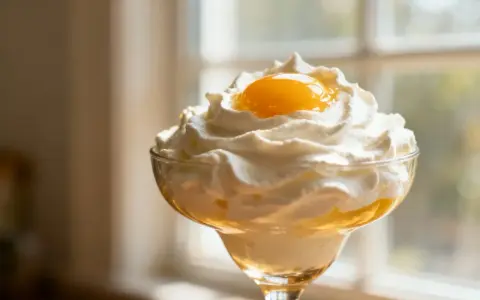 Un dessert aérien dans un verre, couronné d'une généreuse crème fouettée épaisse et d'une touche de jaune d'œuf.