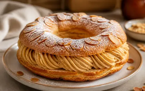 Un Paris-Brest, rond et généreux, garni de crème pralinée, saupoudré de sucre glace et d'amandes effilées. Une invitation à la gourmandise.