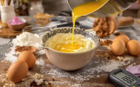 Préparation d'une pâte à bombe : du beurre fondu est versé dans un bol de crème, entouré d'œufs, de farine et de cacao.