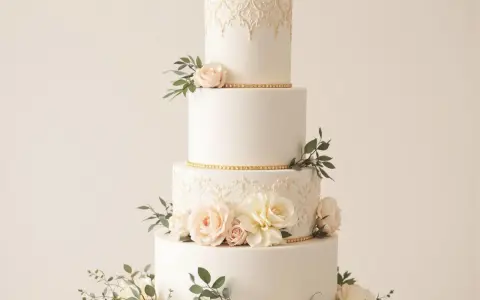Magnifique gâteau de mariage à quatre étages, décoré de roses pâles, de feuillage et de dentelle dorée. Une inspiration pour toute recette de wedding cake.