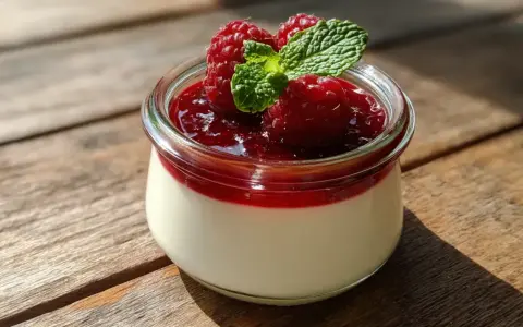 Panna cotta crémeuse dans un pot en verre, garnie de framboises fraîches, de coulis de fruits rouges et d'une feuille de menthe.