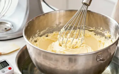 Un batteur électrique fouette une crème au beurre onctueuse dans un bol en acier inoxydable au-dessus d'un bain-marie.