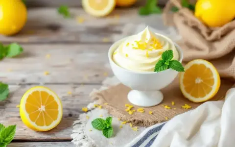Délicieuse recette mousse au citron sans mascarpone, garnie de zestes et de menthe fraîche, sur fond de bois rustique.