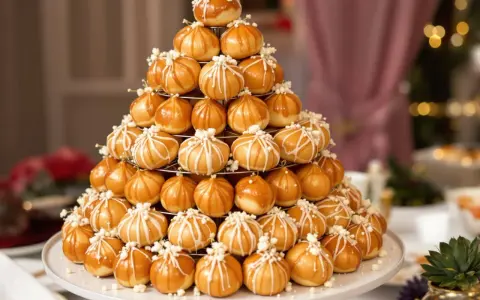 Magnifique pièce montée de choux glacés au caramel, décorés de fils blancs et de petites perles. Un délice visuel et gustatif !