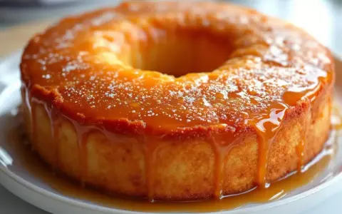 Gâteau rond nappé d'un sirop à 30, dégoulinant sur les côtés. Une touche de sucre glace ajoute une finition délicate.