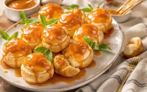Douceurs aériennes garnies de crème et nappées d'un généreux caramel pour choux, décorées de feuilles de menthe.