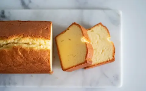 Un quatre-quarts à l'ancienne, moelleux et doré, coupé en tranches sur une planche de marbre.