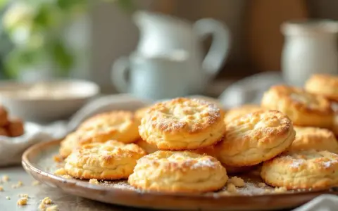 Gros plan sur des sablés bretons moelleux saupoudrés de sucre glace sur une assiette.