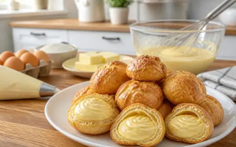 Des choux à la crème dorés, certains coupés pour révéler leur garniture onctueuse. Des ingrédients de pâtisserie sont disposés autour, prêts pour la prochaine fournée.