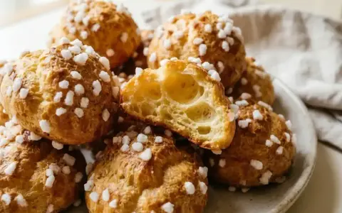 Chouquettes traditionnelles dorées, parsemées de sucre perlé. Une bouchée légère et aérienne, parfaite pour accompagner votre recette chouquette traditionnelle.