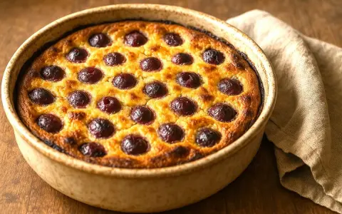 Un clafoutis aux cerises moelleux, doré et gourmand, prêt à être dégusté. Une recette simple pour un dessert parfait.
