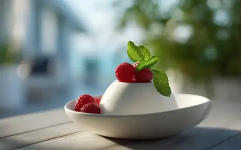 Délicieux panna cotta au lait sans crème, garni de framboises fraîches et d'une feuille de menthe, servi dans un bol blanc sur une table en bois.