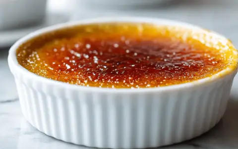 Crème brûlée dans un ramequin blanc, sa croûte caramélisée brillante témoigne d'une cuisson parfaite.