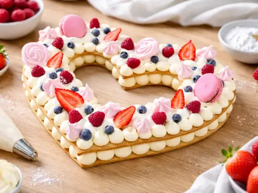 Un délicieux number cake en forme de cœur, garni de crème, fruits rouges et macarons. Un vrai régal visuel et gustatif !