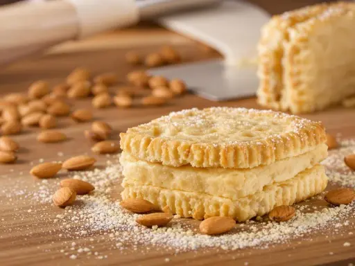 Trois biscuits joconde empilés, saupoudrés de sucre glace, entourés d'amandes sur une planche en bois.