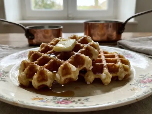 Gaufres dorées, leur texture aérienne révèle la douceur de la pâte à gaufre. Un délice avec du beurre et du sirop.