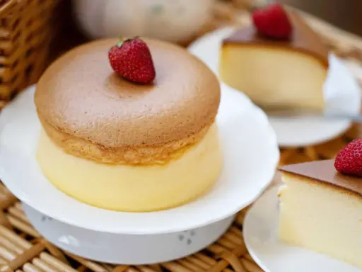 Un délicieux cheesecake japonais aérien, garni d'une fraise fraîche. Une tranche de ce dessert léger et moelleux est servie sur une assiette.