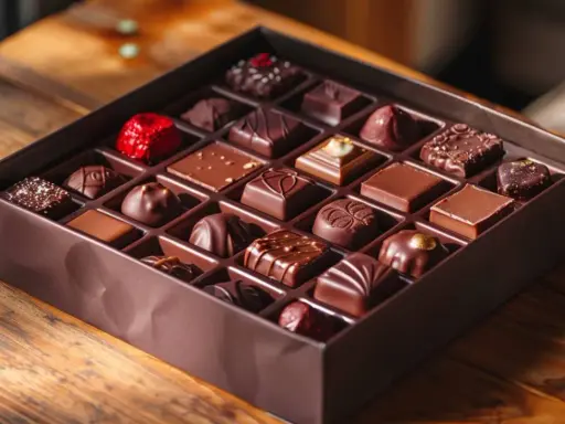 Une boîte de chocolats assortis, chacun un petit bonbon chocolat, est posée sur une table en bois.
