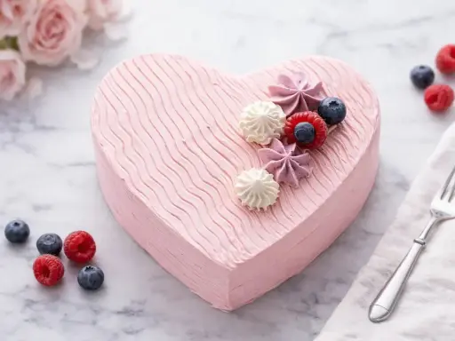 Un délicieux gâteau cœur rose, décoré de fruits rouges et de meringues, prêt à être dégusté.