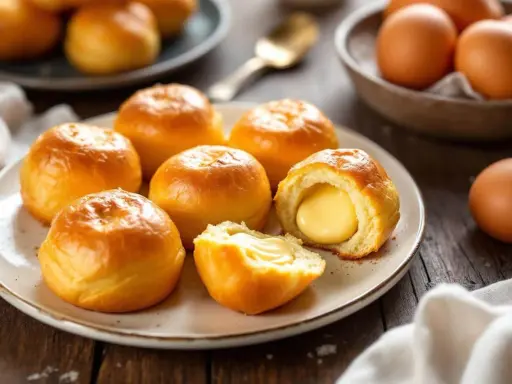 Petits pains dorés, certains coupés révèlent une garniture crémeuse. Ces douceurs rappellent la pâte à choux des éclairs.