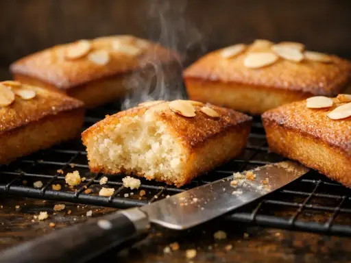 Financiers dorés, parfaits pour une recette traditionnelle. Vapeur s'échappant d'un gâteau à la texture aérée, garni d'amandes effilées.