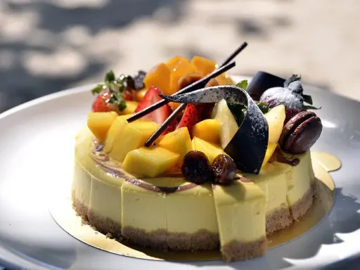 Gâteau crémeux sur un fond biscuit pour gâteau, garni de mangues, fraises, figues et chocolat.