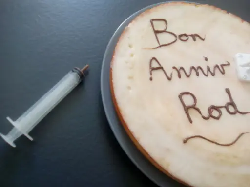 Glaçage pour écrire sur un gâteau : "Bon Anniv Rod". Une seringue est à côté, prête pour la décoration.