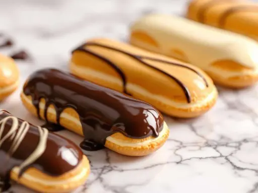 Plusieurs éclairs gourmands, certains au fondant chocolat noir, d'autres au glaçage caramel ou blanc, sur fond marbré.