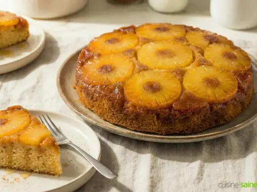 Un gâteau aux ananas facile, doré et caramélisé, avec des tranches d'ananas sur le dessus. Une part est servie sur une assiette avec une fourchette.