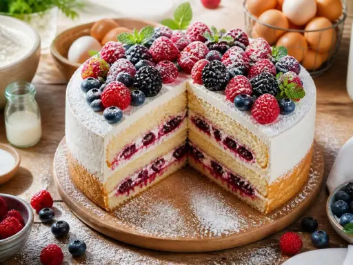 Gâteau à étages décoré de fruits rouges frais, avec des couches de crème et de confiture de baies.