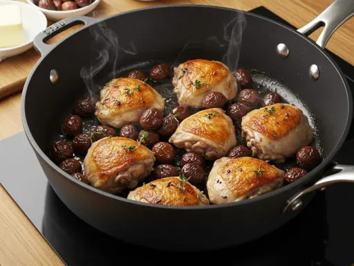 Poulet rôti et marrons en conserve dans une poêle, une idée pour comment cuisiner des marrons en conserve.