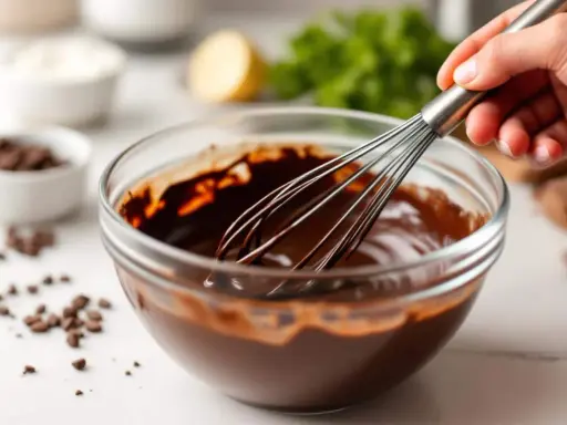 Maintenant, on va faire un bain-marie pour faire fondre ce chocolat. La main mélange doucement la ganache.