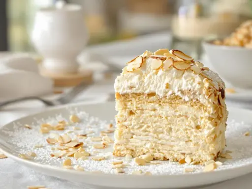 Tranche de gâteau aérien, une dacquoise amande légère, garnie de crème fouettée et d'amandes effilées grillées.