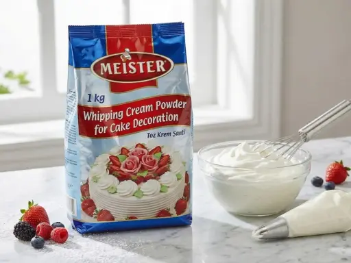 Un paquet de crème à fouetter Meister, une coupe de crème fouettée, des fruits rouges et un sac de pâtisserie. Parfait pour décorer vos gâteaux !