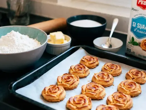 Biscuits en forme de roses, prêts à être dégustés. Une recette professionnelle de rose des sables qui fait saliver.