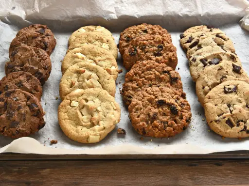 Une variété de biscuits moelleux, aux pépites de chocolat, blancs et aux flocons d'avoine, prêts à être dégustés. Parfait pour une recette facile.