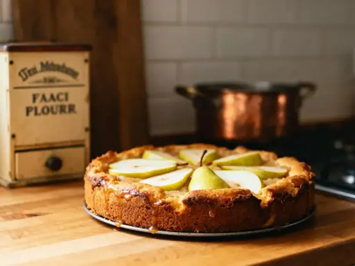 Tarte aux poires au sirop, dorée et appétissante, sur un plan de travail en bois. Un pot en cuivre est visible en arrière-plan.