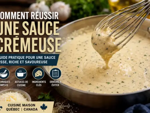 Un fouet soulève une sauce crémeuse et onctueuse d'une poêle. Guide pour réussir une sauce lisse et savoureuse.