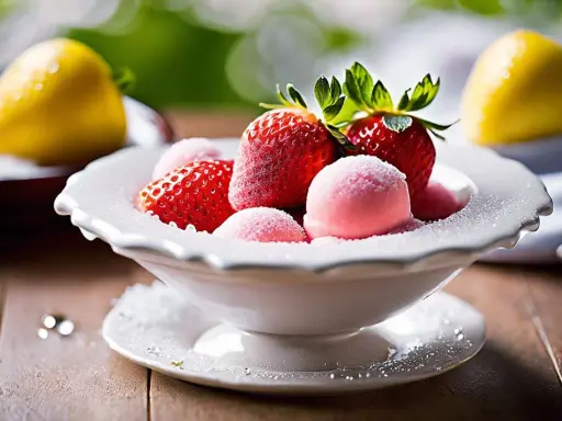 Un bol de sorbet fraise professionnel, garni de fraises fraîches et saupoudré de sucre glace. Un délice estival.