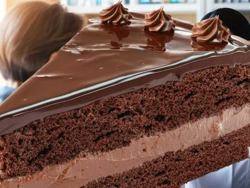 Une part généreuse de gâteau au chocolat, nappée de glaçage brillant et décorée de volutes de crème. Un délice qui rappelle l'opulence d'un opéra gateau.