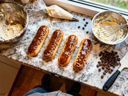 Quatre éclairs au café, garnis de crème et nappés de chocolat, sont prêts à être dégustés.