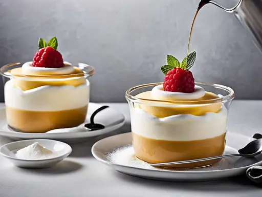 Deux desserts en verrine, une espuma légère, garnie d'une framboise et d'une feuille de menthe. Une recette gourmande.