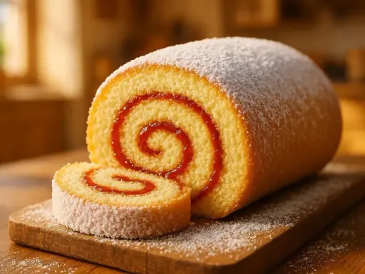 Un gâteau roulé meilleur pâtissier, saupoudré de sucre glace, avec une spirale de confiture rouge. Un délice visuel et gustatif.